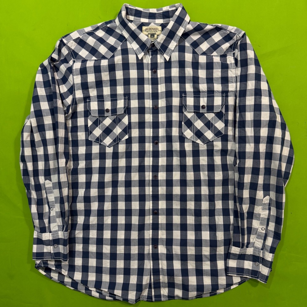 American Rag Mens XXL Blue White Gingham Western Pearl Snap Button Down Shirt
